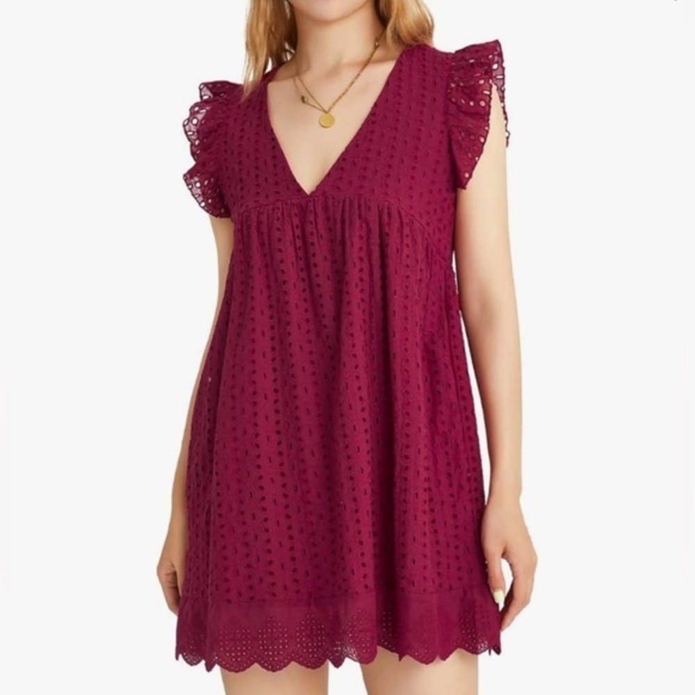 Vestique Burgundy Eyelet Ruffle Sleeved Babydoll Style Dress